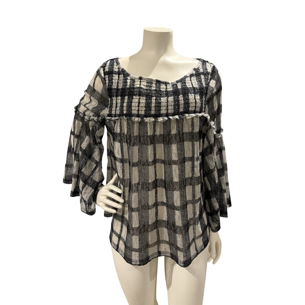 Anthropologie Akemi + Kin Patrizia Lace Plaid Blouse Flare Sleeves Size Medium